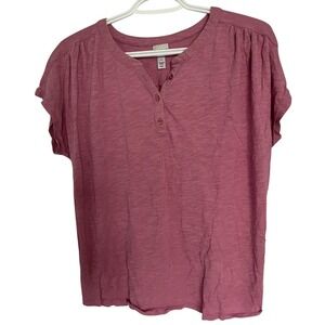 Black Bow Dusty Rose Slub Knit Henley Top Minimalist Casual Chic Size M